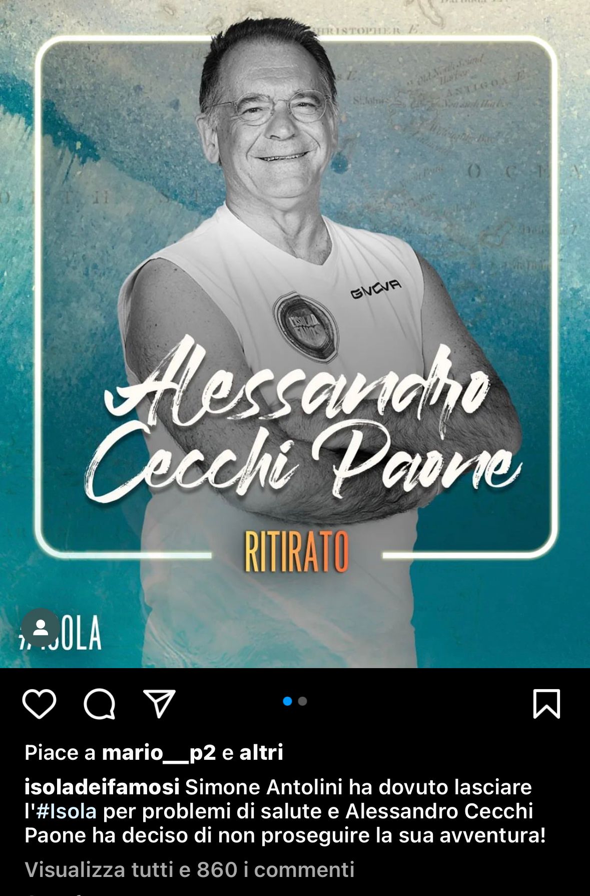 Alessandro Cecchi Paone si ritira dall'isola, questo il post pubblicato da poco dalla pagina ufficiale del reality.